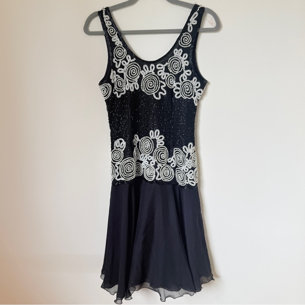 Vintage Laurence Kazar New York Black Silk Pearl Beaded Cocktail Dress XS